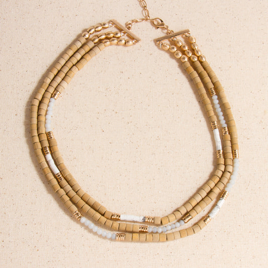 N3332 16" Natural Stone & Wood Beads 3 Strand Necklace