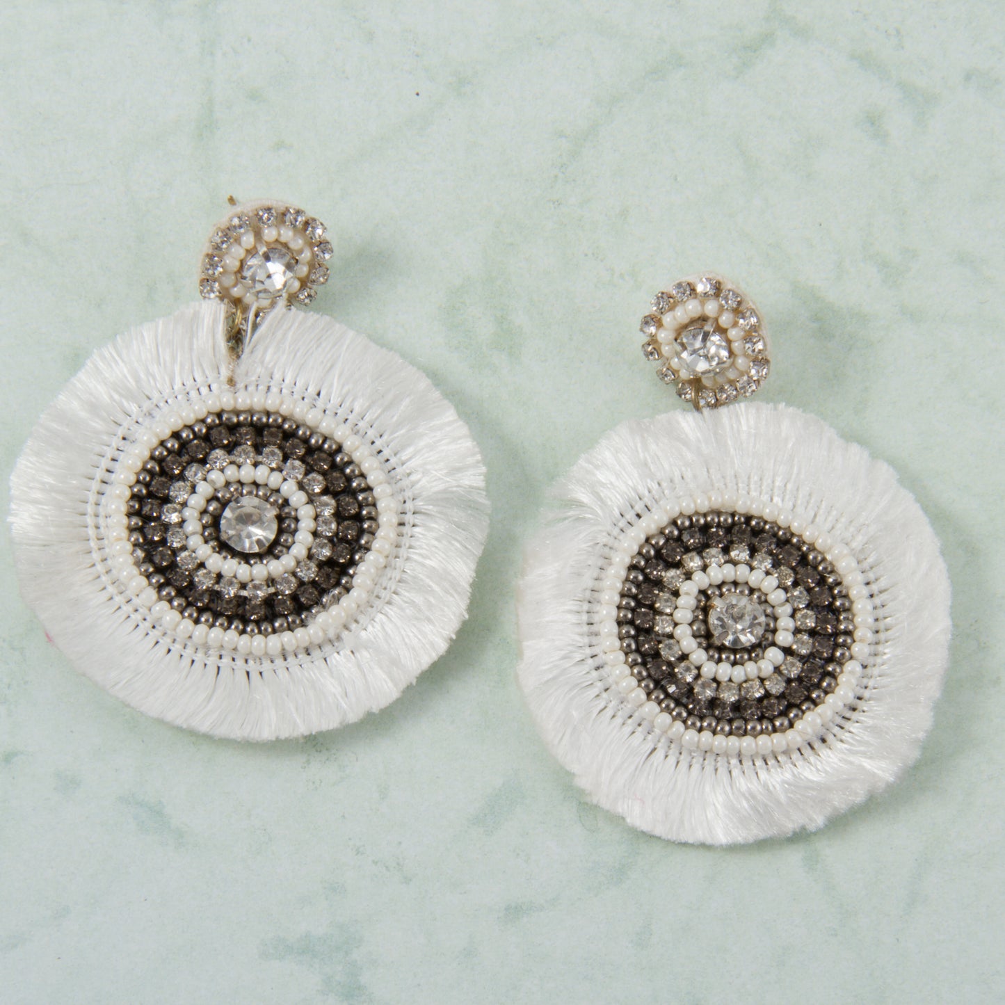 E2137-WH Thread and Beads Round Drop Post Earring