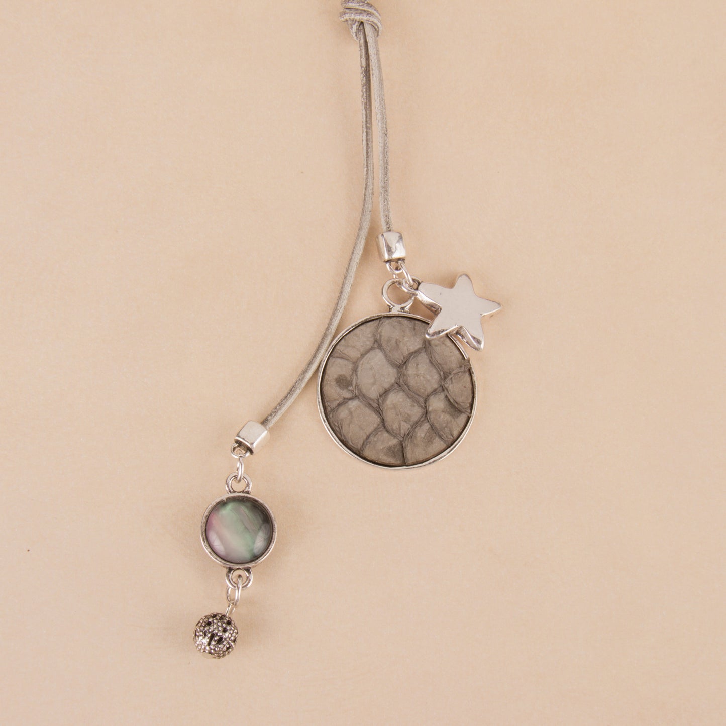 N3267-GY 36" Lariat Necklace with python embossed disk
