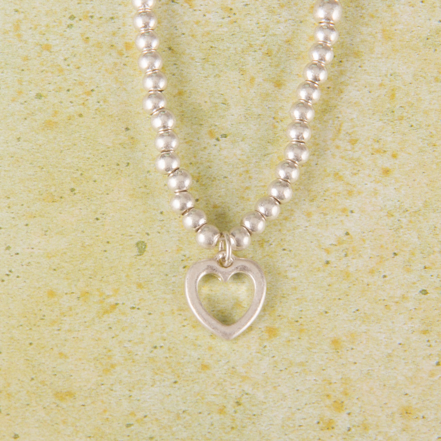 N3277-SL 15"Heart Ball Bead Necklace Worn Silver