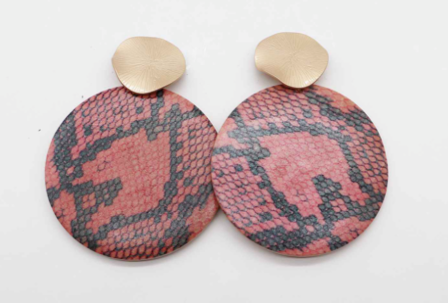 E2227-PK 2" Wooden Snakeskin Round Earring