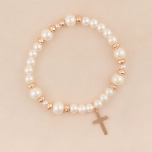 B1434 Cross Charm Multi Size Faux Pearl Beaded Stretch Bracelet