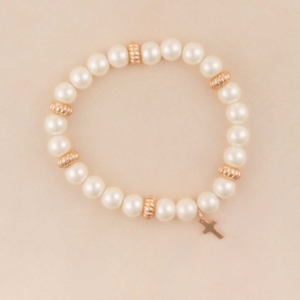 B1435 Cross Charm Faux Pearl Beaded Stretch Bracelet