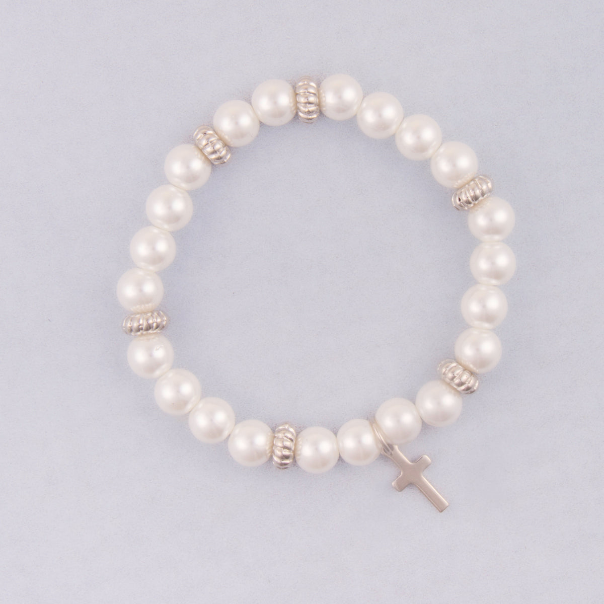 B1435 Cross Charm Faux Pearl Beaded Stretch Bracelet