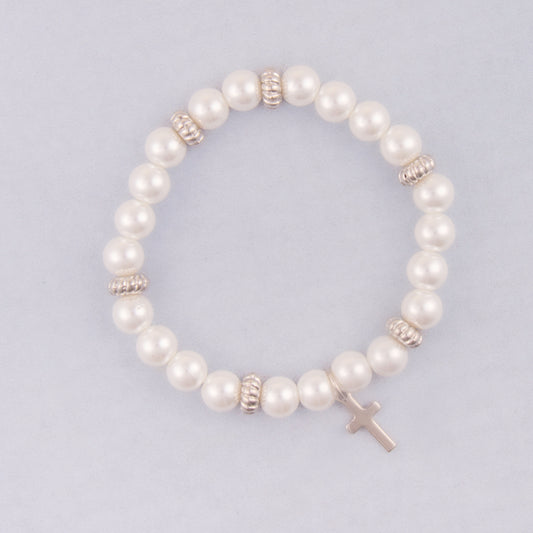 B1435 Cross Charm Faux Pearl Beaded Stretch Bracelet