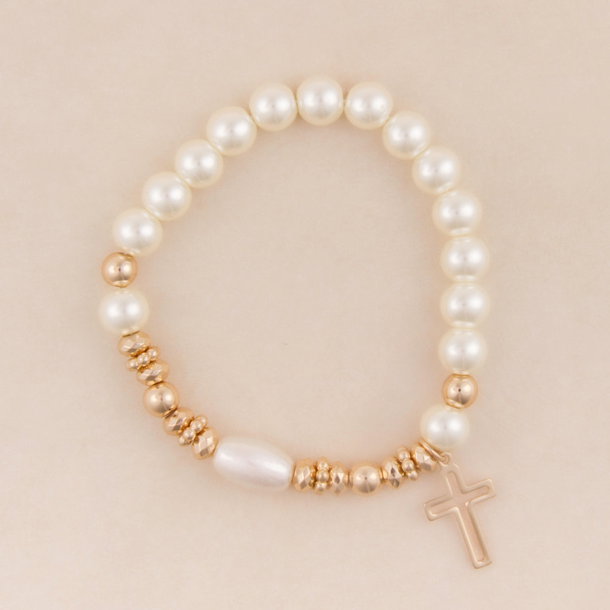 B1436 Cross Charm Rhodium & Faux Pearl Beaded Stretch Bracelet