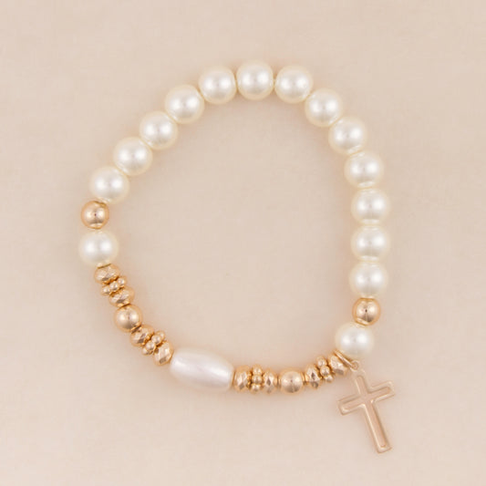 B1436 Cross Charm Rhodium & Faux Pearl Beaded Stretch Bracelet