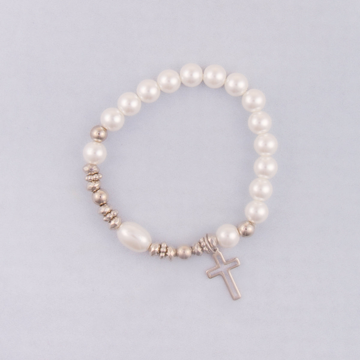 B1436 Cross Charm Rhodium & Faux Pearl Beaded Stretch Bracelet