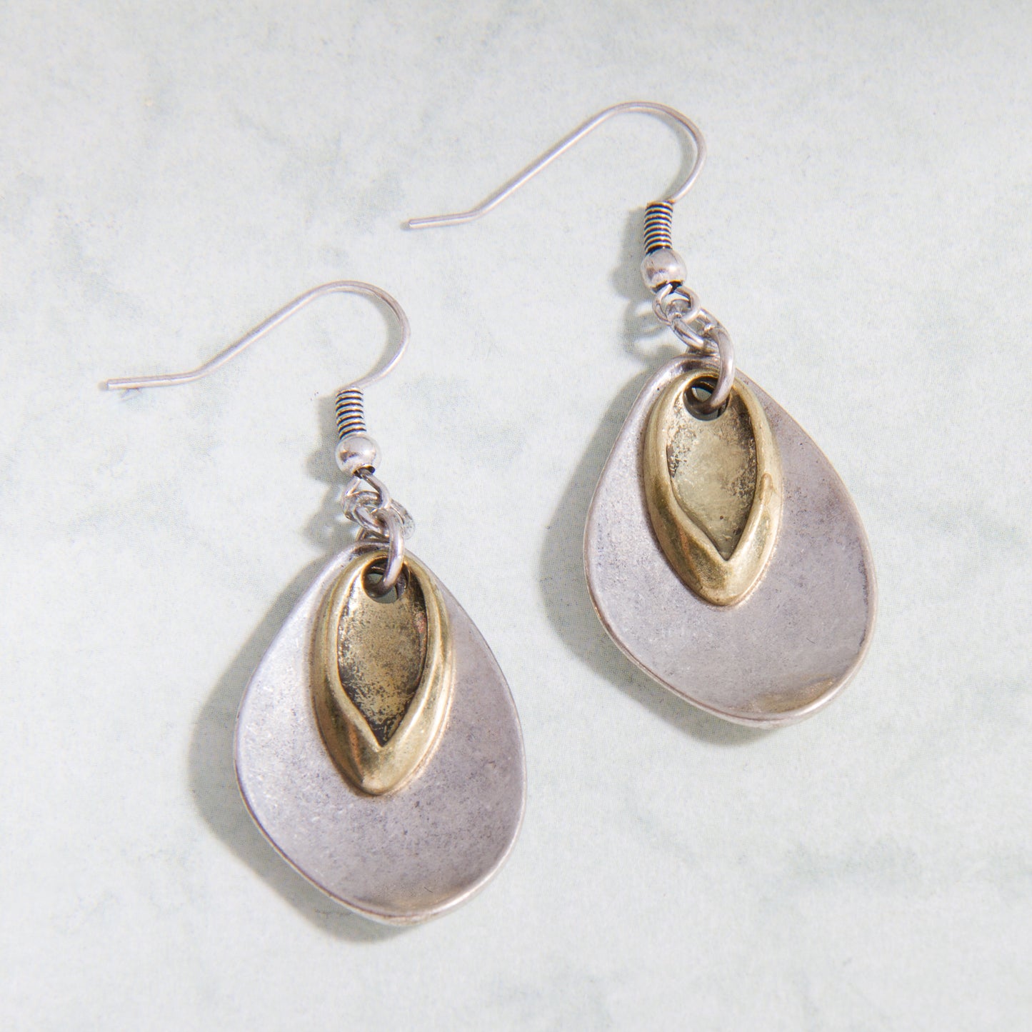 E2169-SL Double Teardrop Two Tone Earring in Antiqued Silver and Gold