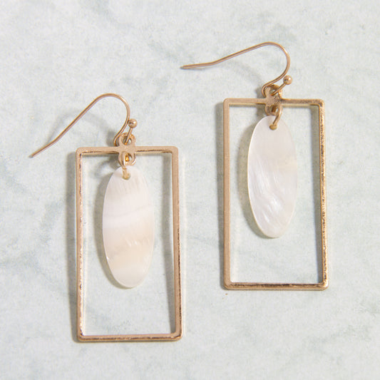 E2201 Worn Gold Open Rectangle with Oval Shell Earring