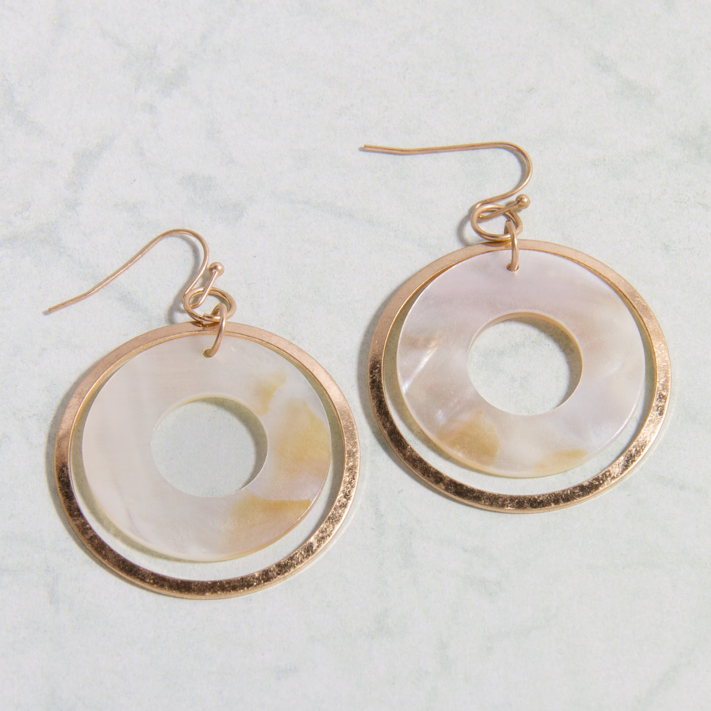 E2202 Worn Gold Hoop with Open Round Shell Earring