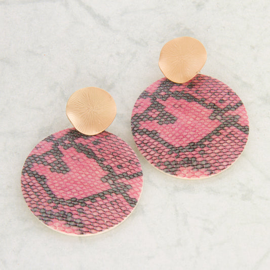 E2227-PK 2" Wooden Snakeskin Round Earring