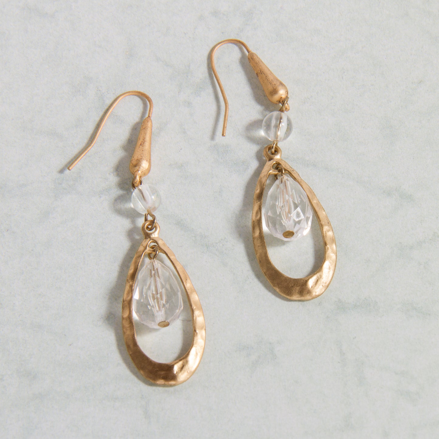 E2241-2.5" Hammered Worn Gold Teardrop with Crystal Bead