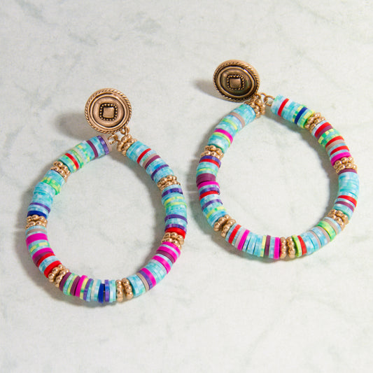 E2254-BL 2" Multi Color Rubber Disc Beads Hoop Earring