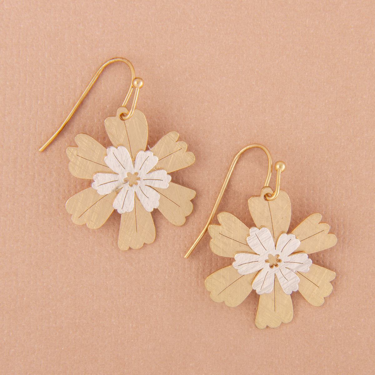 E2402 1" Brass Two Tone Stacked Flower Dangle Earring