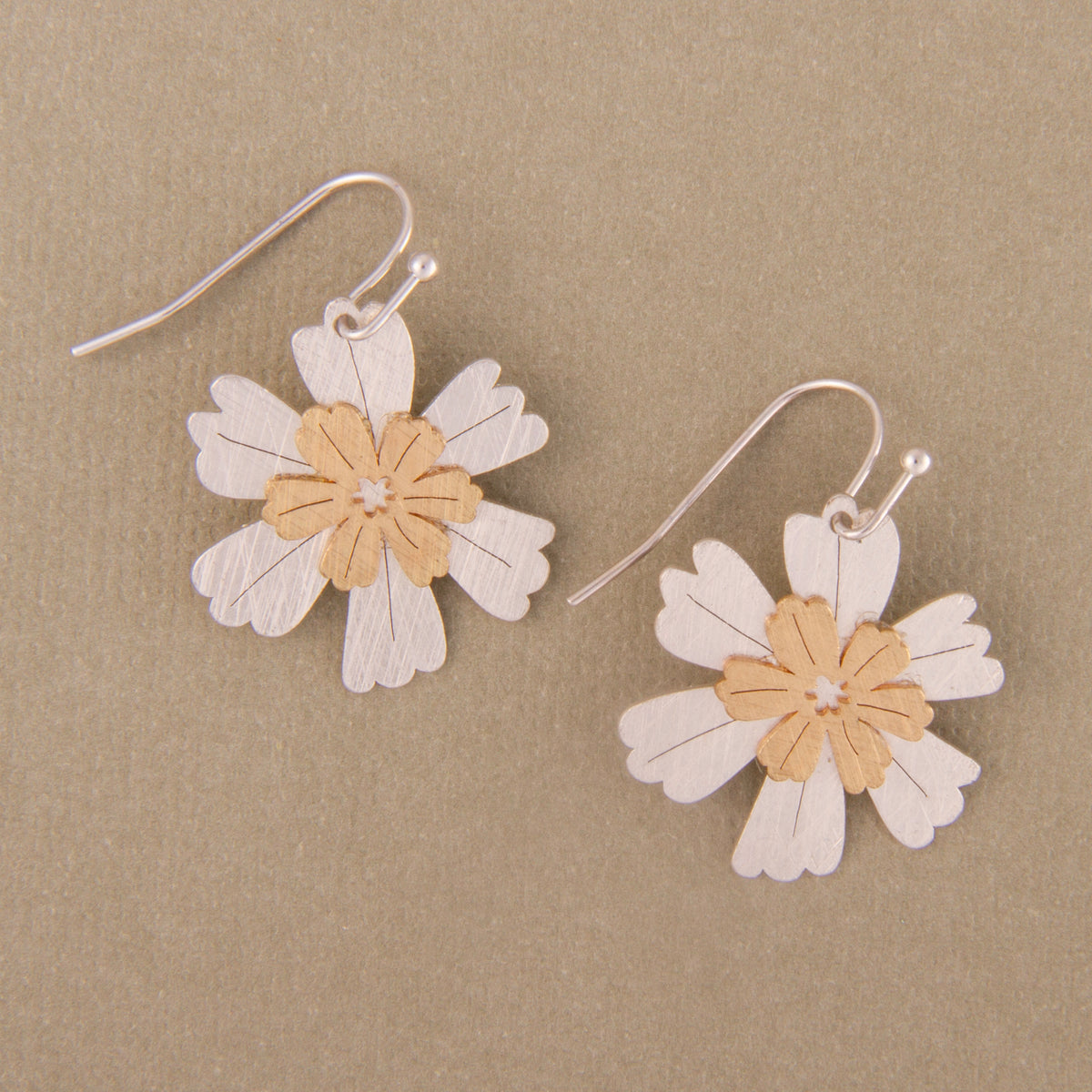 E2402 1" Brass Two Tone Stacked Flower Dangle Earring