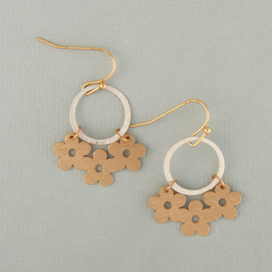 E2404 1.25" Brass Two Tone Circle & Triple Daisy Dangle Earring