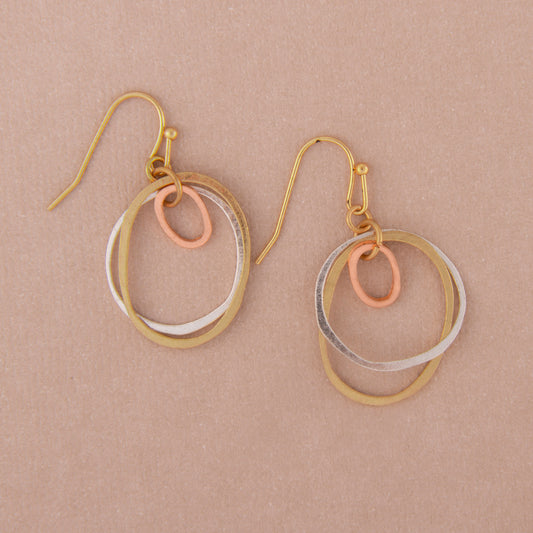 E2409 1.5" Brass Triple Tone, Triple Circle Dangle Earring