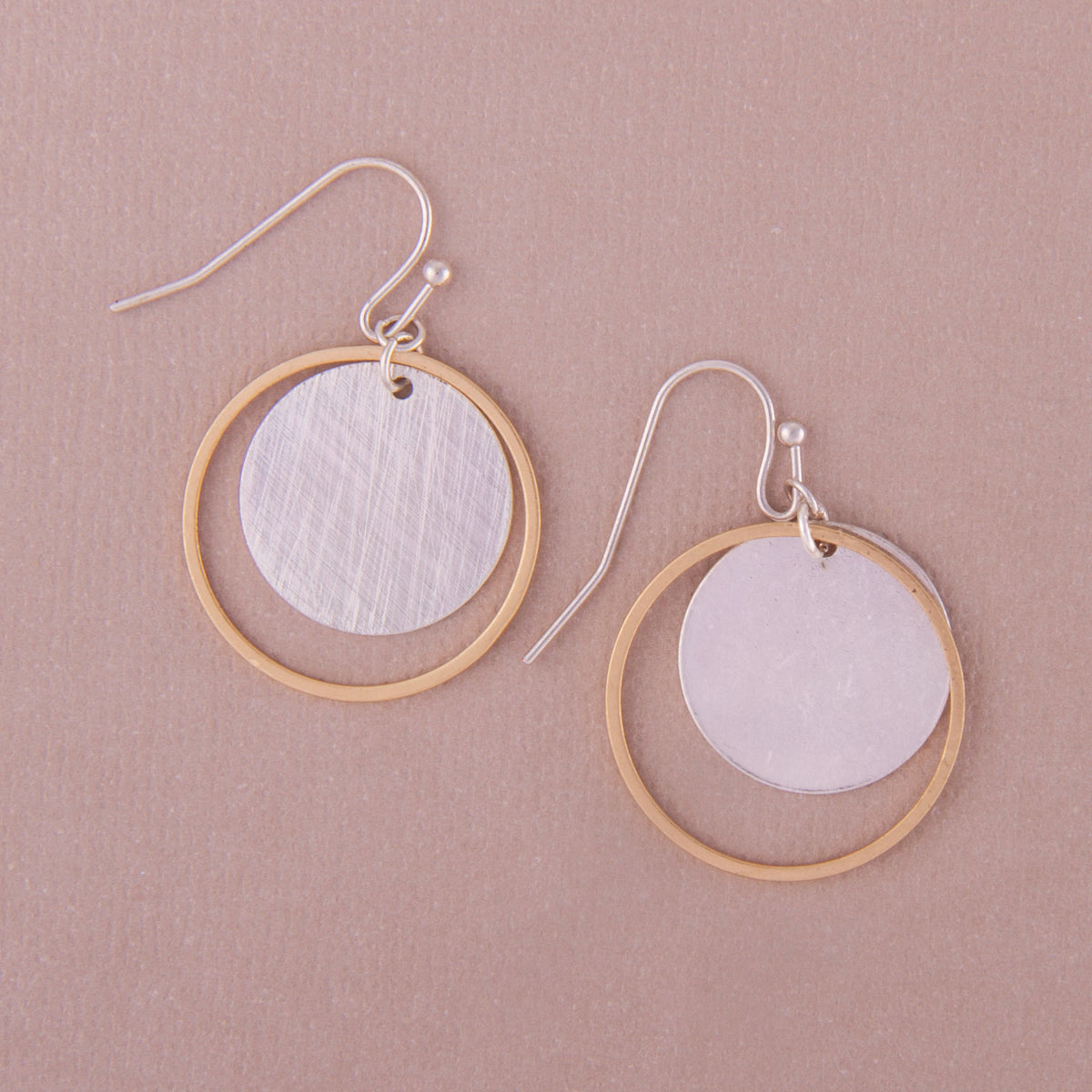 E2410 1.25" Brass Two Tone Double Circle Dangle Earring