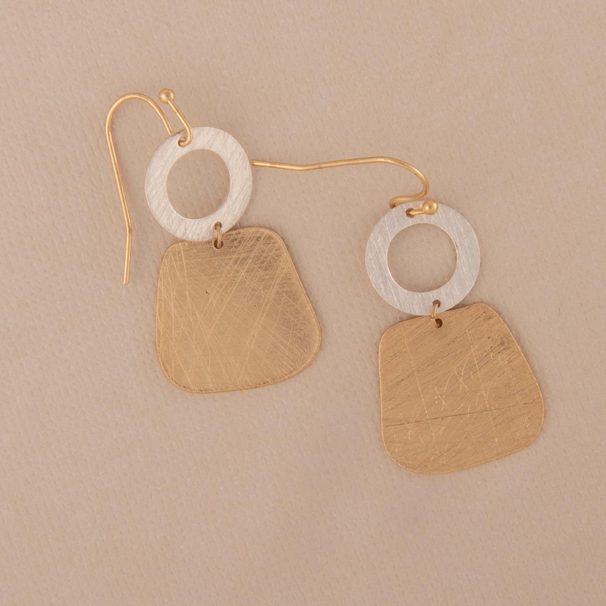 E2412 1.25" Brass Two Tone Circle & Square Dangle Earring