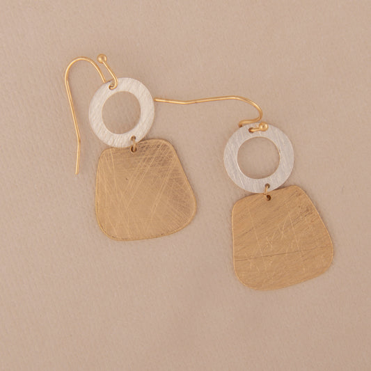 E2412 1.25" Brass Two Tone Circle & Square Dangle Earring
