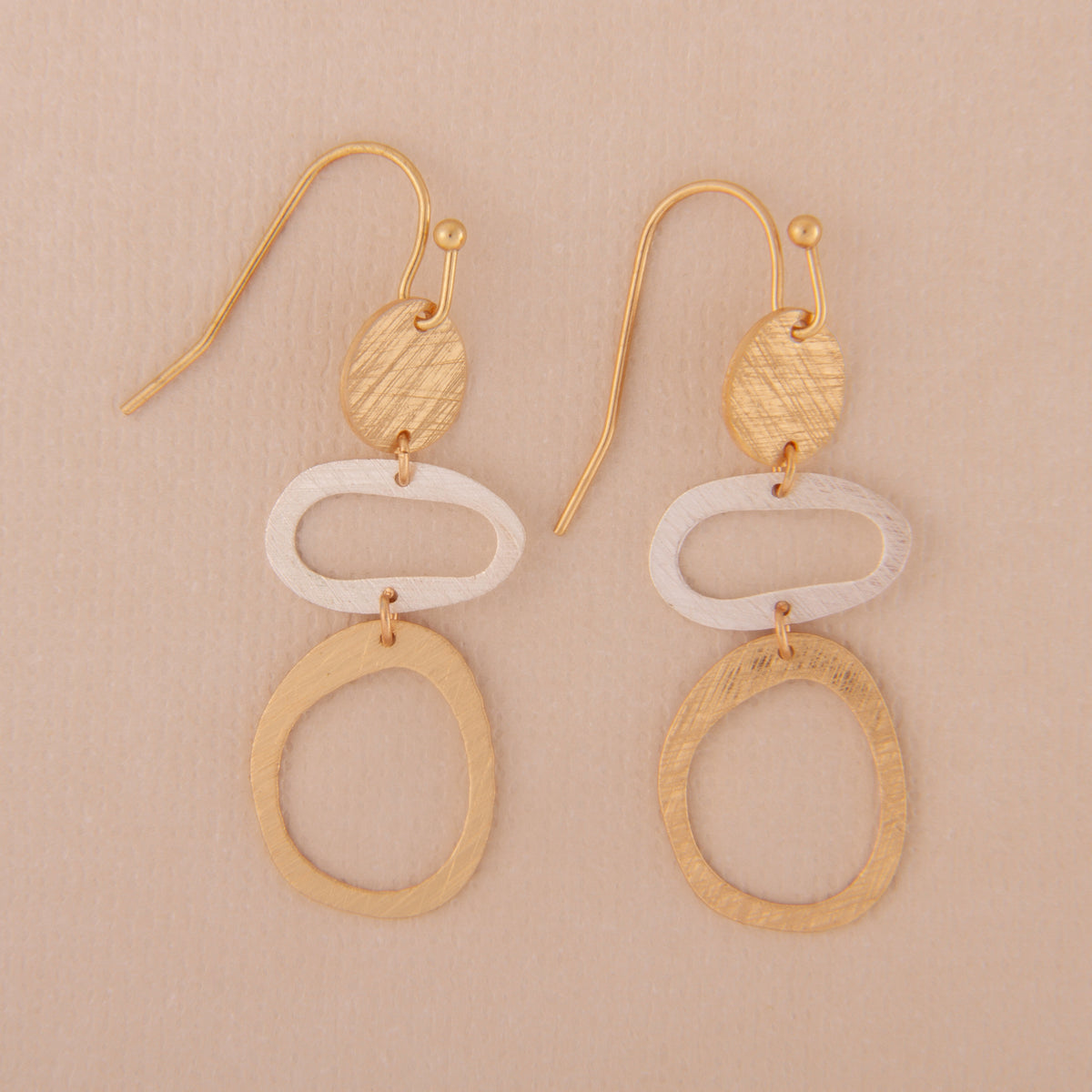 E2413 1.75" Brass Two Tone Triple Shape Dangle Earring