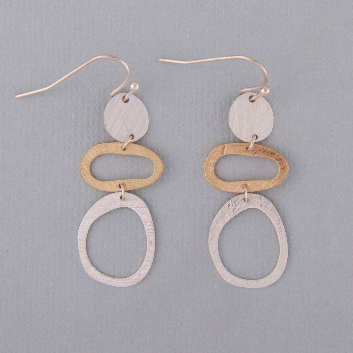 E2413 1.75" Brass Two Tone Triple Shape Dangle Earring