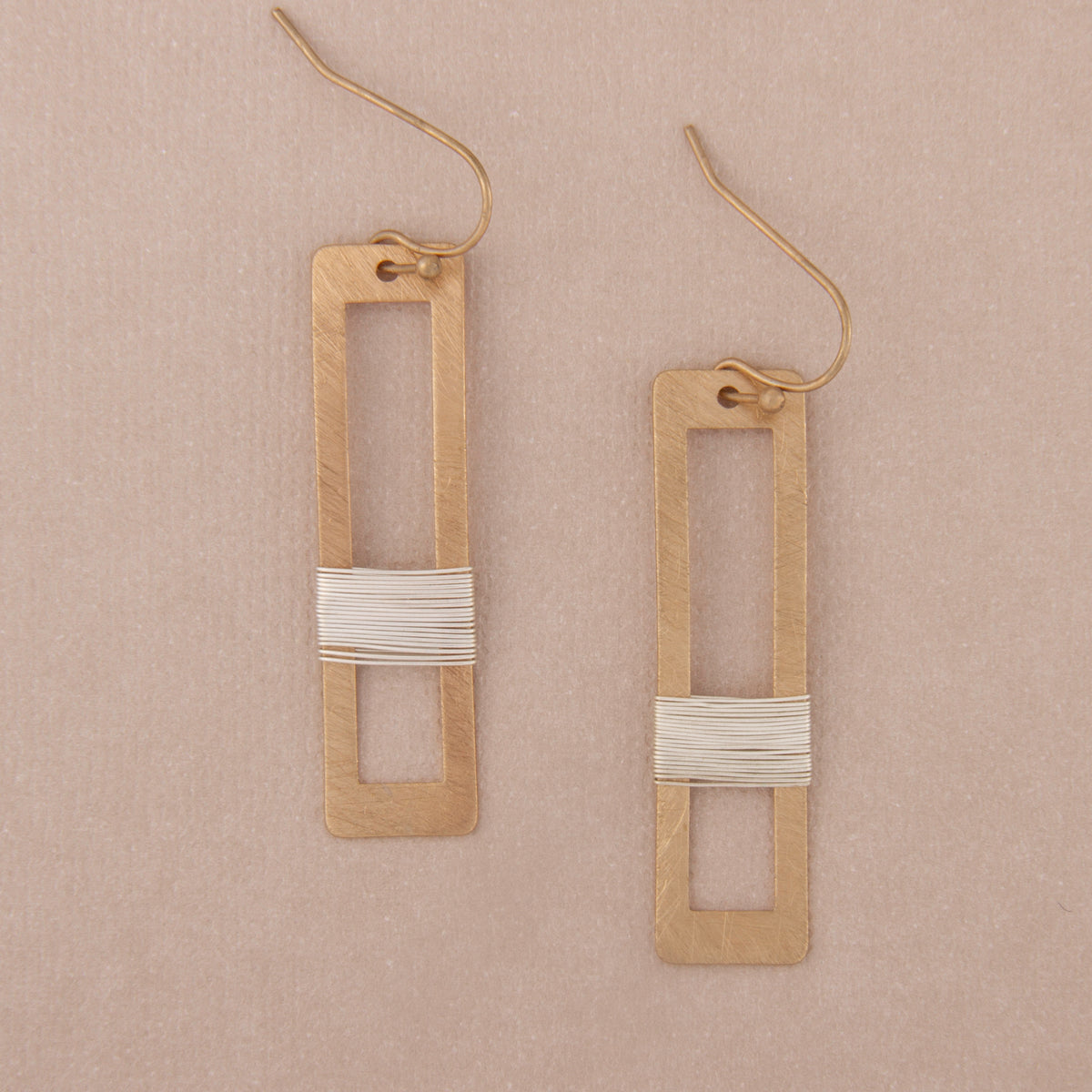 E2415 1.75" Brass Two Tone Wire Wrapped Rectangle Dangle Earring