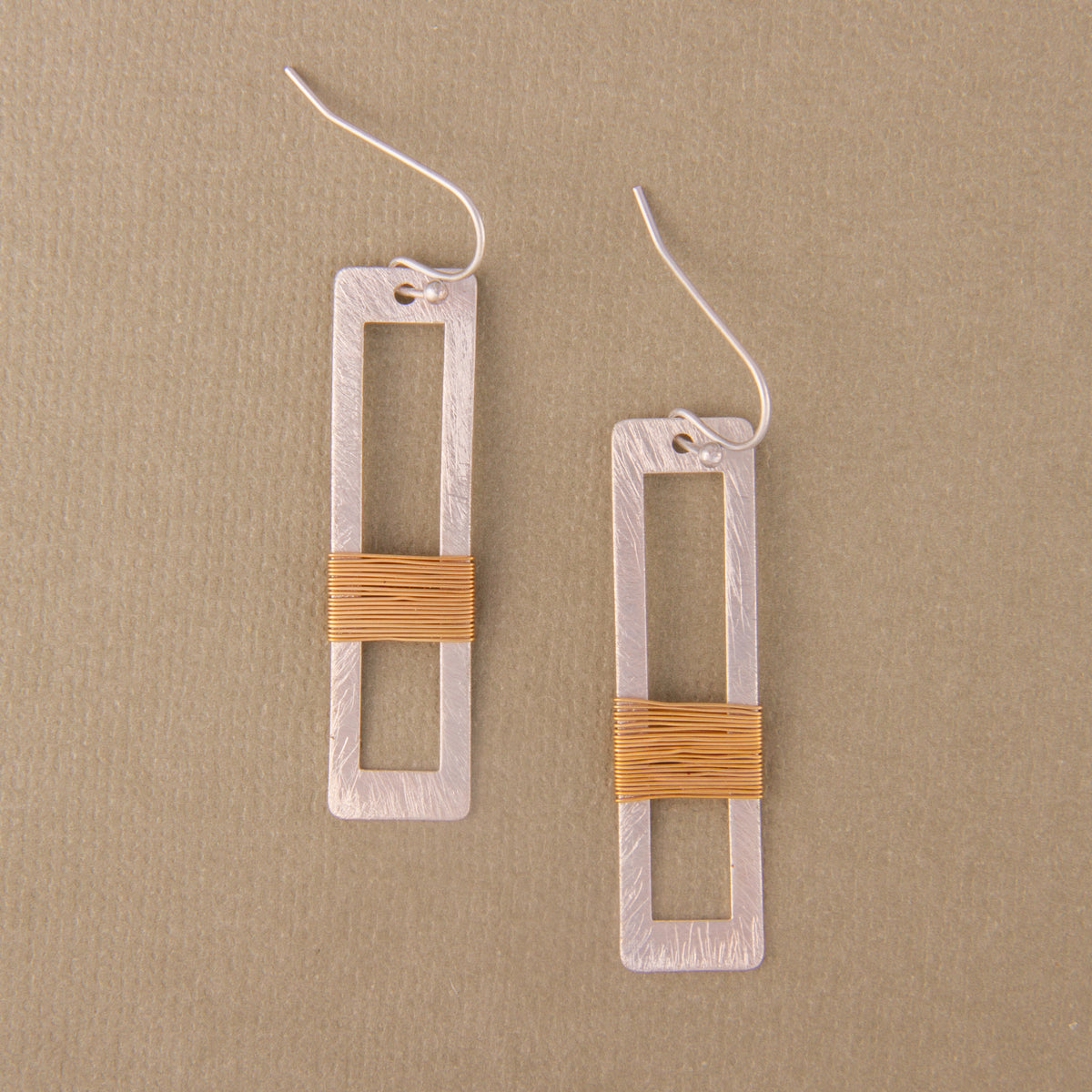 E2415 1.75" Brass Two Tone Wire Wrapped Rectangle Dangle Earring