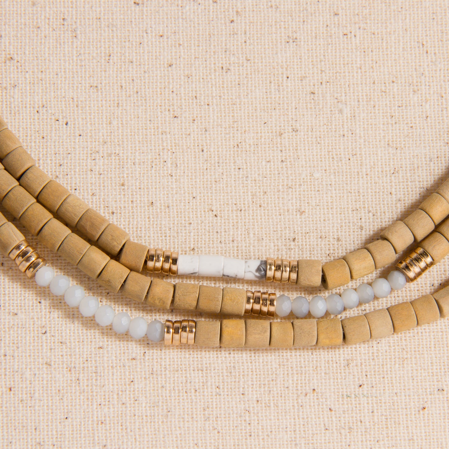 N3332 16" Natural Stone & Wood Beads 3 Strand Necklace