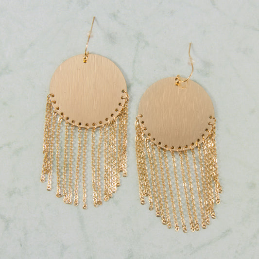 E2123 Brushed Gold Disk w/chains Earrings