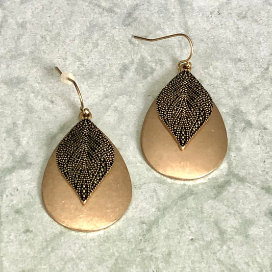 E2189-GD Teardrop Matte Gold Dangle Earring with Leaf Accent