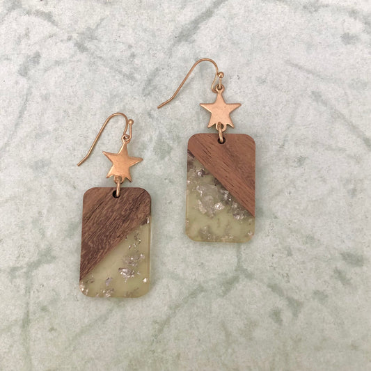 E2203 2" Acetate,Wood,Gold Star Earring