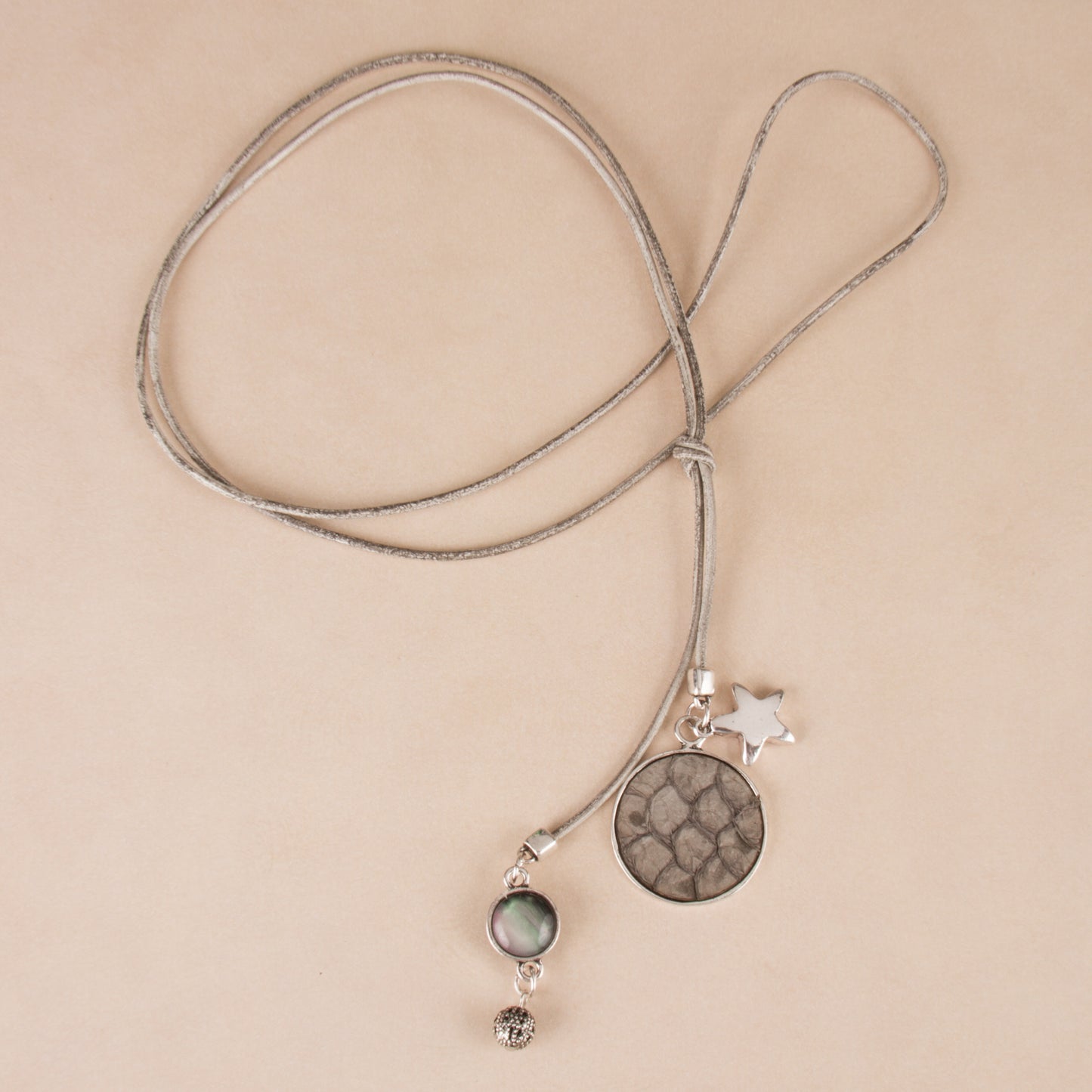 N3267-GY 36" Lariat Necklace with python embossed disk