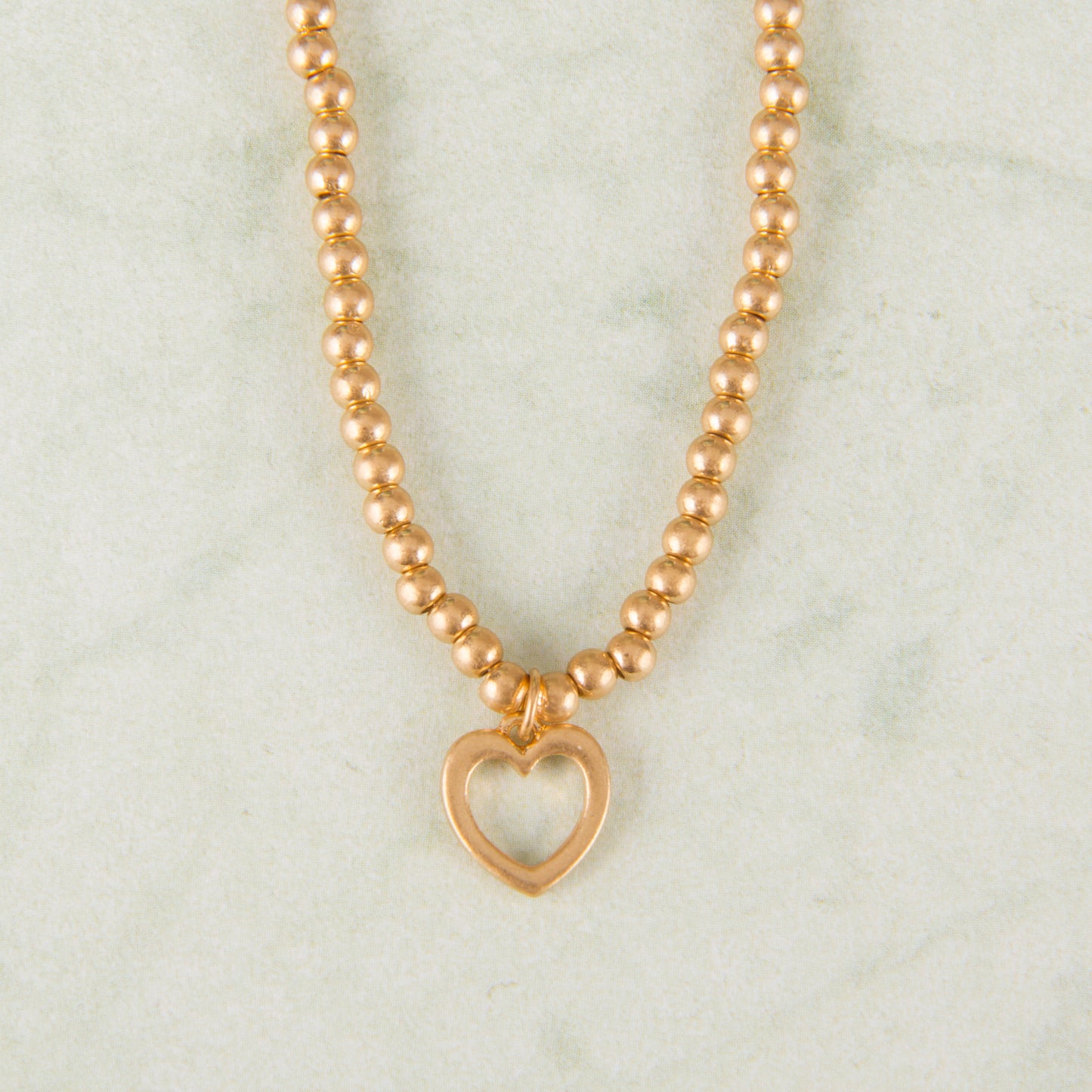 N3277-GD 15"Heart Ball Bead Necklace Worn Gold