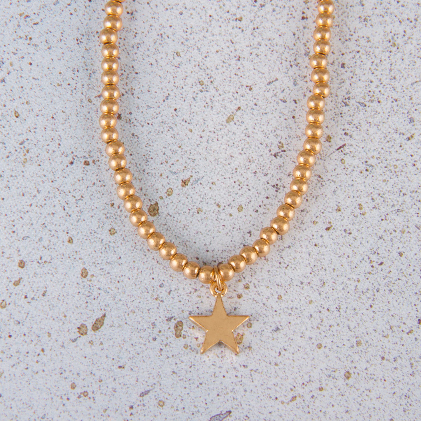 N3278-GD 15"Star Ball Bead Necklace Worn Gold