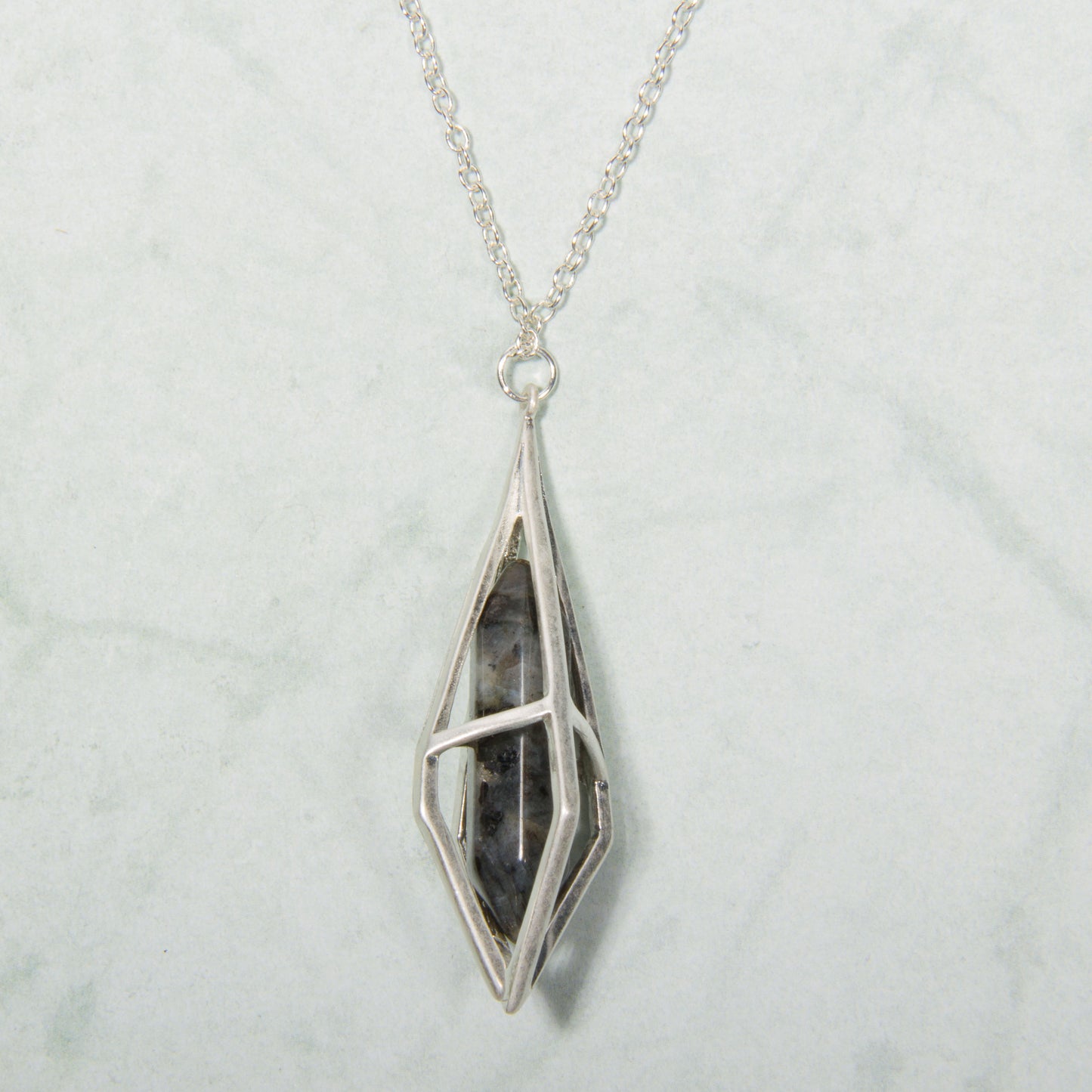 N3282-BK 24" Black Stone in Silver Cage Necklace