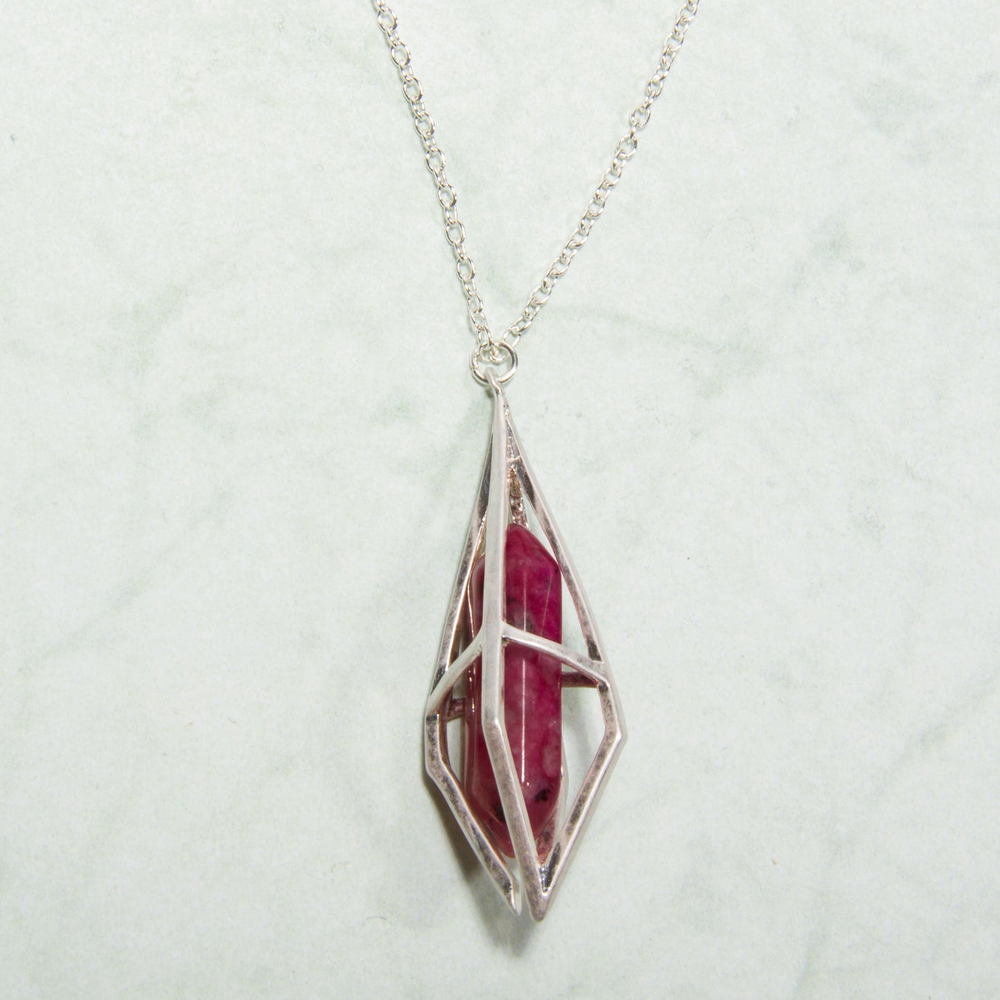 N3282-RD 24" Red Stone in Silver Cage Necklace