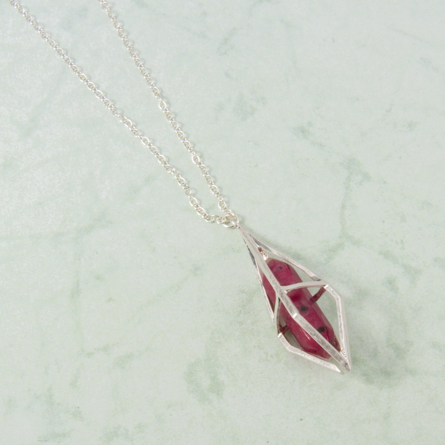 N3282-RD 24" Red Stone in Silver Cage Necklace
