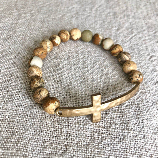 B1233 Hammered Gold Cross and Stone Beads Bracelet